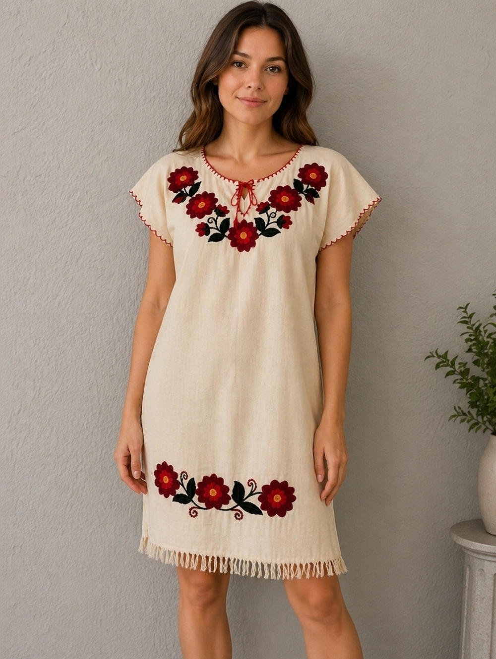 Vtg 1960s-1970s Traditional Red Floral Embroidered Linen Mexican Puebla Dress